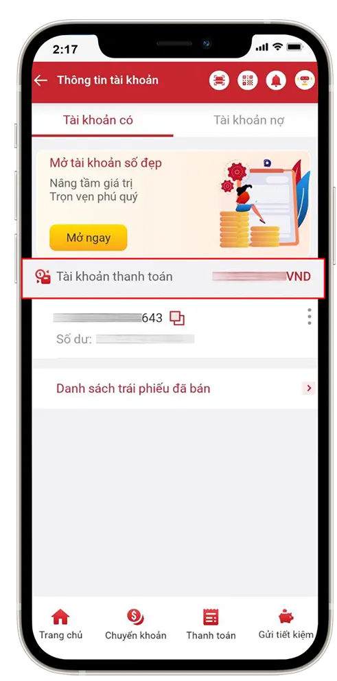 Bước 2 : Mục Thông tin tài khoản =>> Chọn Tài Khoản Thanh Toán